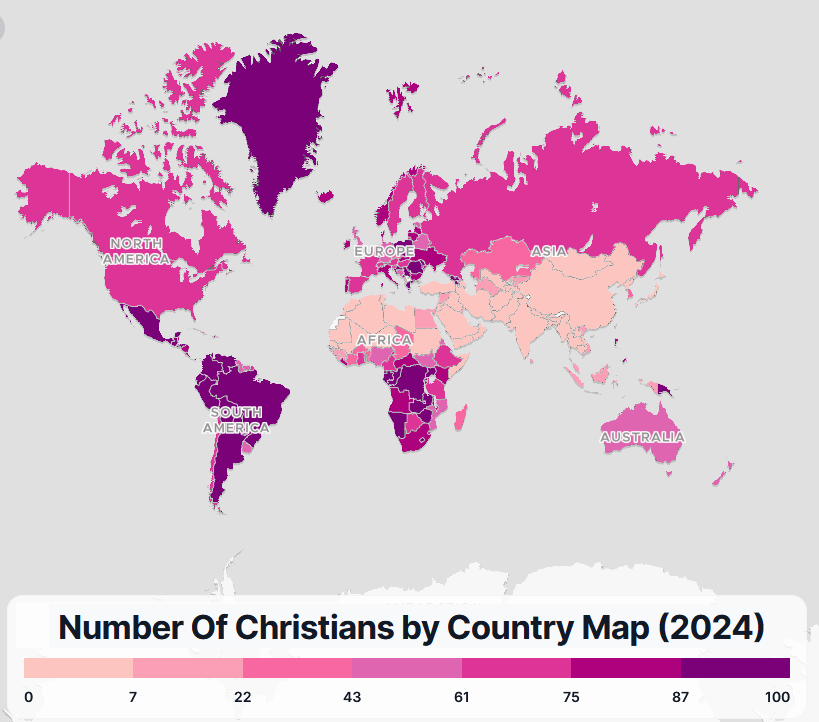 Map of the world, colour coded by percent of Christians in each country