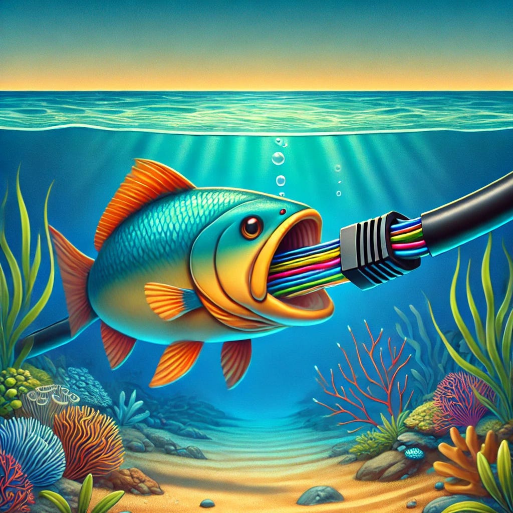 An underwater scene featuring a fish biting an internet cable at the bottom of the ocean. The cable is shown as a thick black wire with colorful internal wires exposed where the fish is chewing. The fish is medium-sized with vibrant, tropical colors, and the ocean floor is depicted with sand, small rocks, and marine plants. The background includes a gradient of deep blue water fading into the distance, giving a sense of depth and realism.