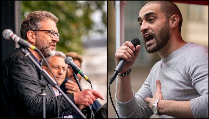 Collage of two different men speaking into microphones Collage of two different men speaking into microphones
