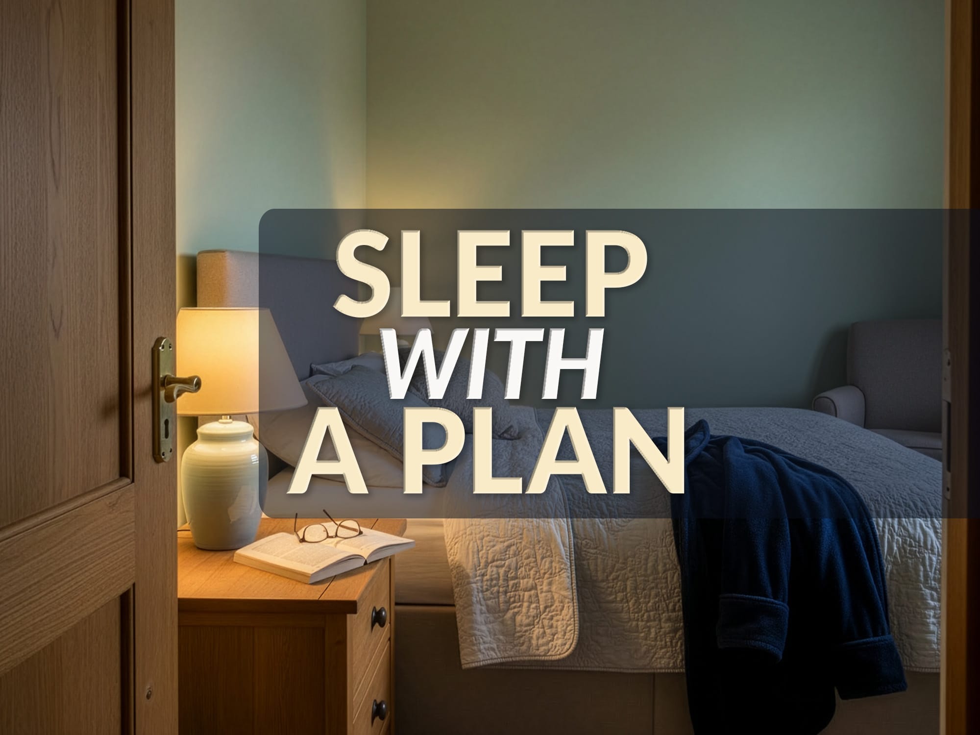 Cosy, ordinary bedroom at night with lamp, book and dressing gown ready, overlaid with the words “Sleep with a plan”, illustrating a calmer, planned approach to sleep