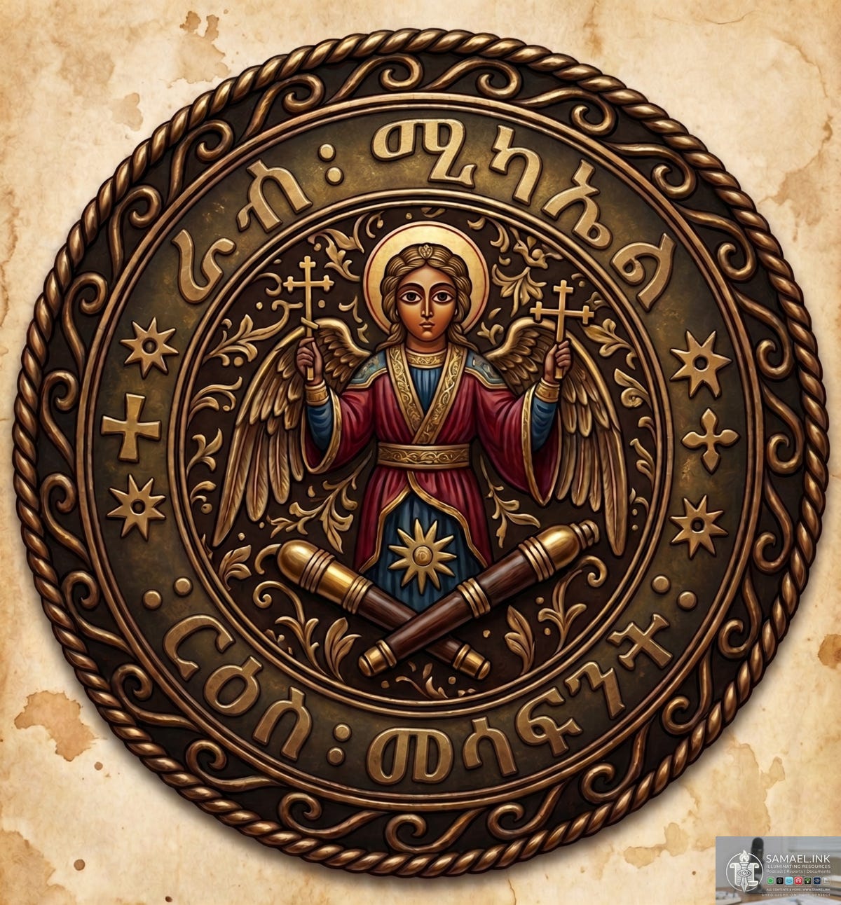A circular bronze-toned medallion or seal featuring a central winged figure holding two crosses. The figure is framed by ornate floral filigree and two crossed cannons at the base. The outer border consists of a braided rope design, and the inner rim contains Ge'ez script. The background has a weathered, parchment-like texture. A small watermark logo for samael.ink is located in the bottom right corner.