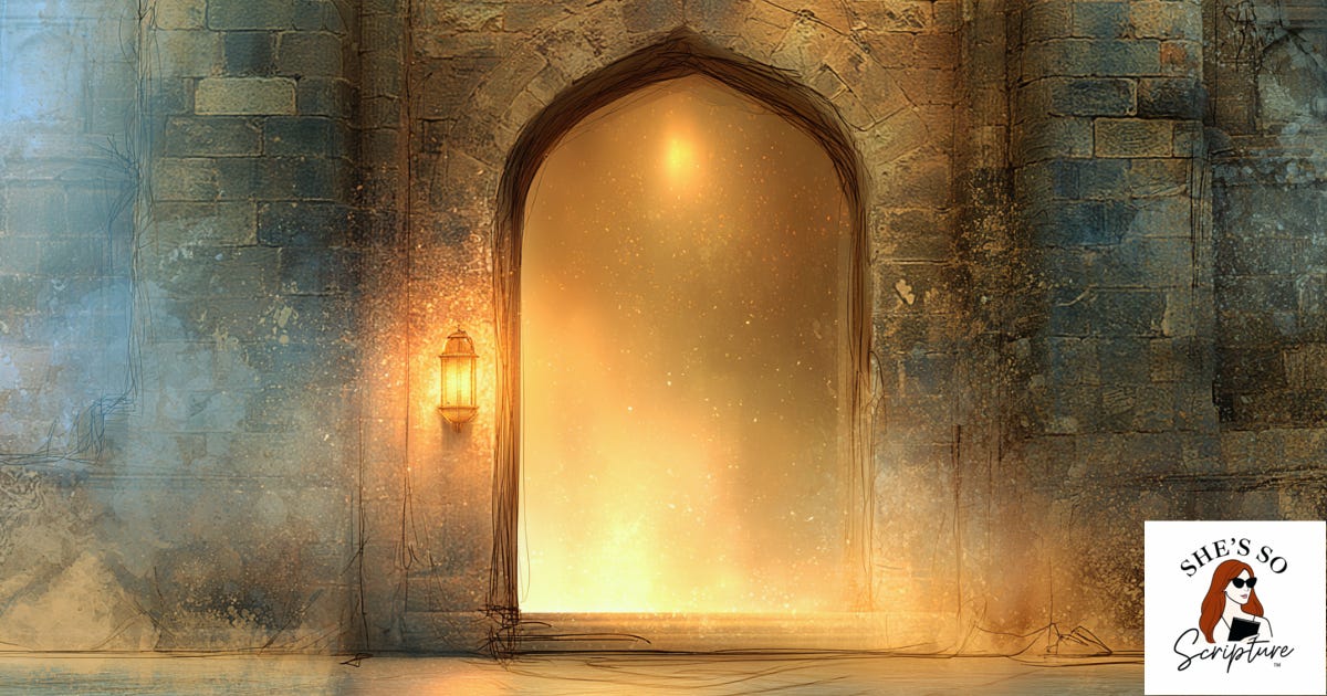Illustration of an ancient stone city gate at dusk with warm light glowing from within the archway. Illustration of an ancient stone city gate at dusk with warm light glowing from within the archway.