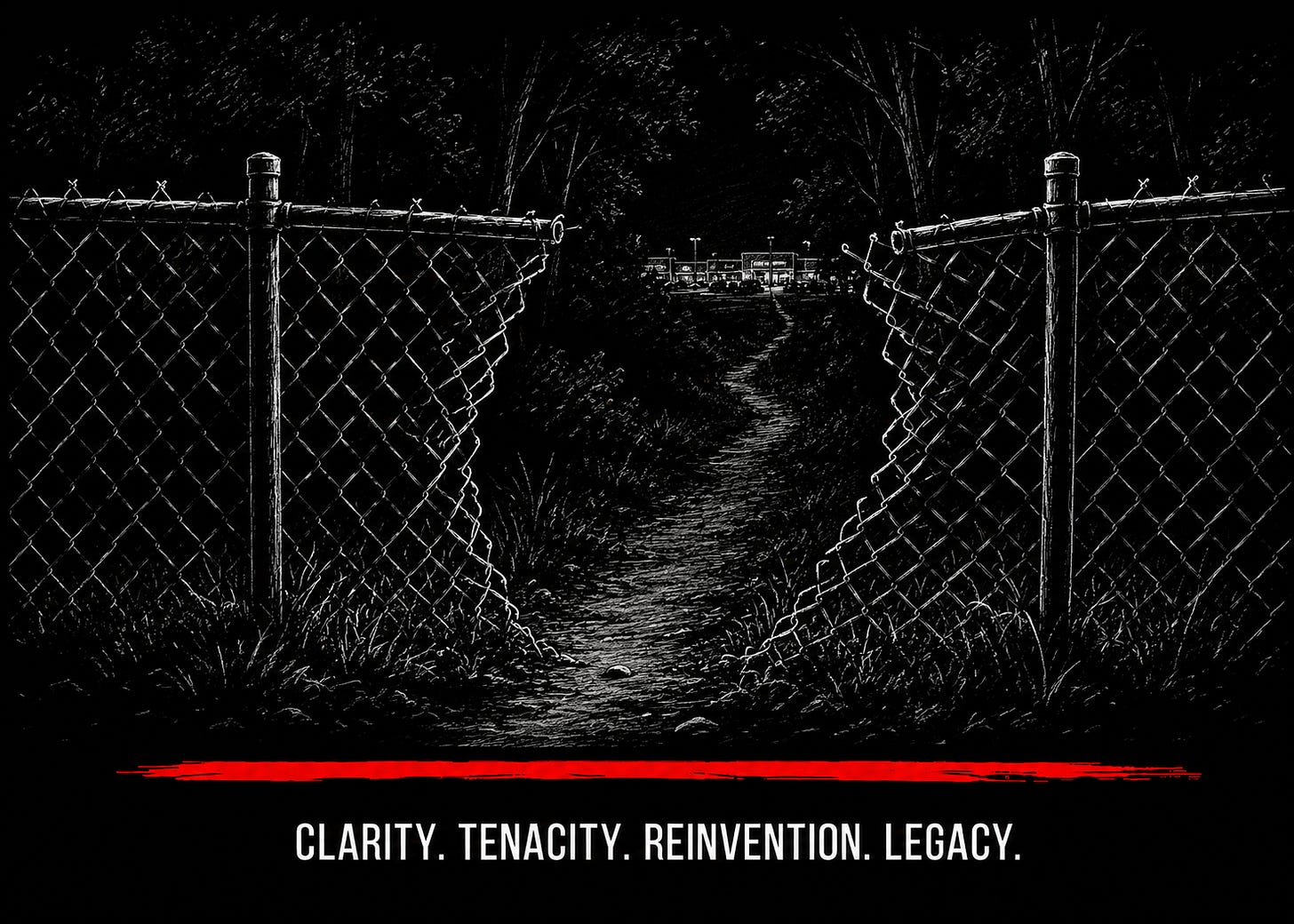 Hand-drawn black-and-white sketch of a torn opening in a chain-link fence leading to a narrow dirt path through the woods toward a distant, brightly lit shopping center at night, symbolizing a hidden shortcut between two worlds.