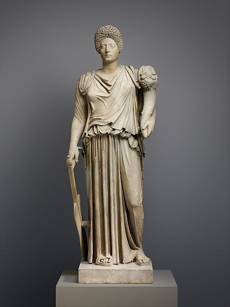 Roman marble statue of Tyche-Fortuna holding a cornucopia and steering paddle