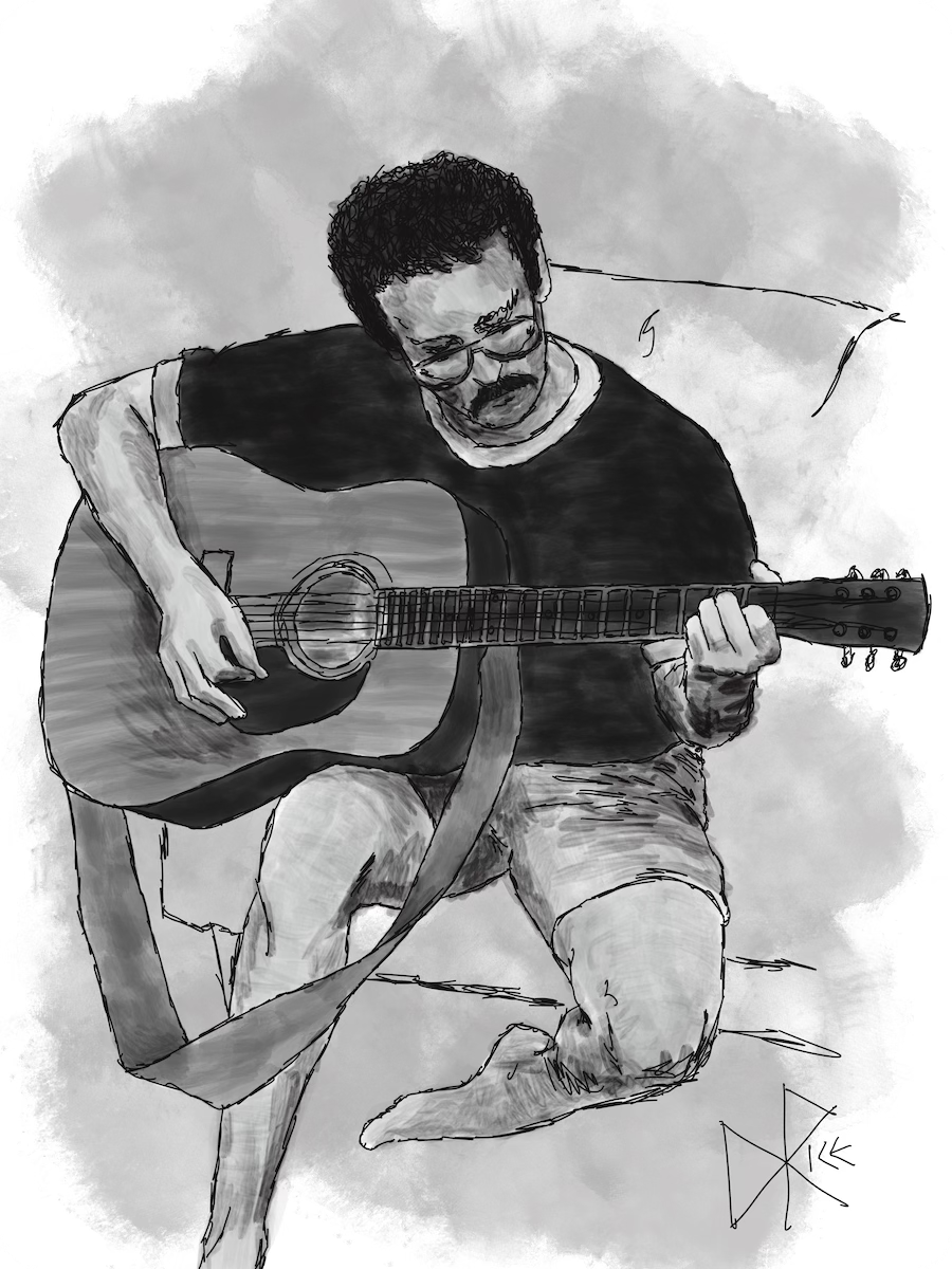 A moustached man, wearing shorts and a t-shirt, seated on a couch playing an acoustic guitar in a living room. Sketch art by Don Rice.