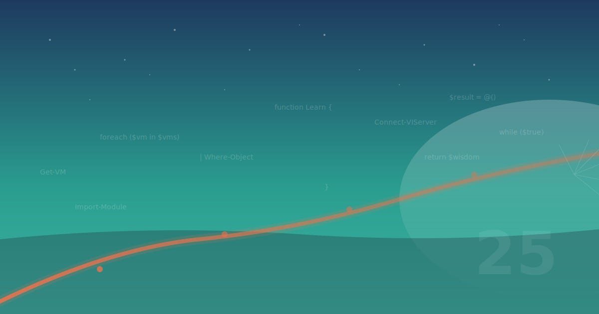 A winding path stretches toward a glowing horizon, with floating code snippets like "Get-VM" and "Connect-VIServer" scattered across a gradient sky of deep blue and teal, representing the ongoing journey of learning in IT.