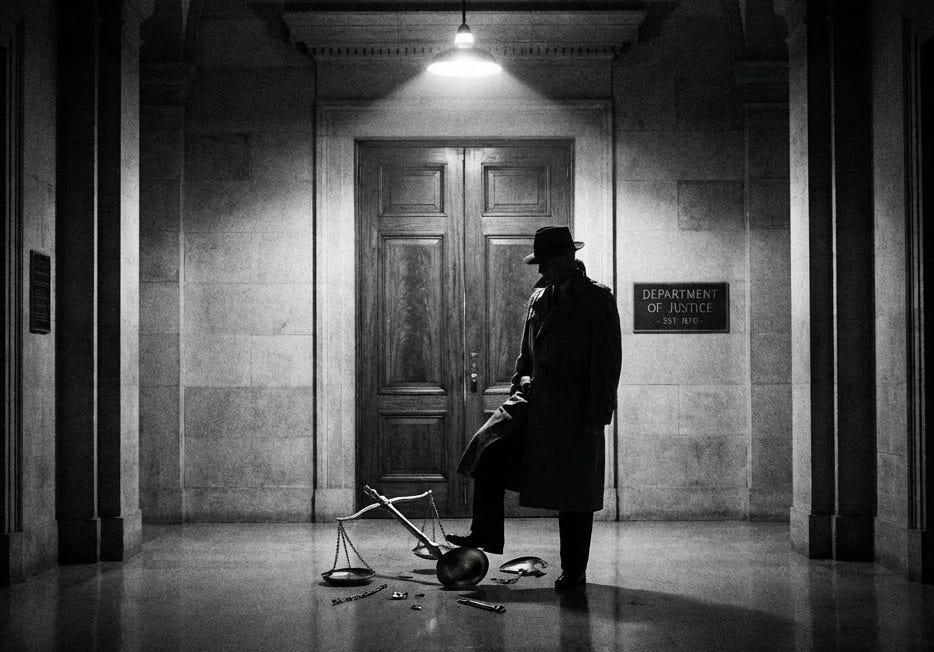 A shadowy figure in a trench coat and fedora stands in a dark corridor of the Department of Justice building, looking down at the scales of justice lying broken and toppled on the polished floor at his feet. A single overhead light illuminates the scene. A plaque on the wall reads “Department of Justice, Est. 1870.” The black and white noir image evokes themes of institutional corruption and the deliberate subversion of justice.