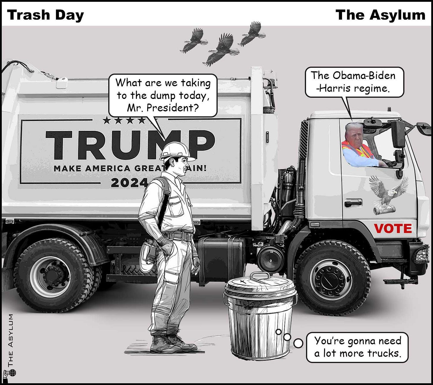 Trashman, President Trump and trashcan. What are we taking to the dump today, Mr. President? The Obama-Biden-Harris regime. You're gonna need a lot more trucks.