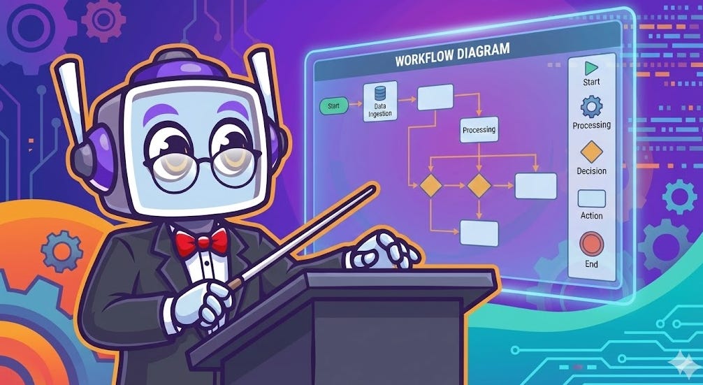 A cartoon robot character in a tuxedo and glasses stands at a podium, gesturing with a conductor's baton towards a holographic "WORKFLOW DIAGRAM" display. The diagram shows a flowchart with steps including "Start," "Data Ingestion," "Processing," "Decision," "Action," and "End," set against a purple and blue tech-themed background with gears.