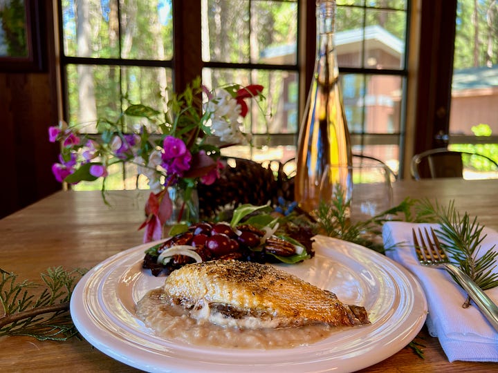 Slow Roasted Duck Breast, White Bean Purée, Cherry Candied Pecan Warm Bacon Vinaigrette Salad
