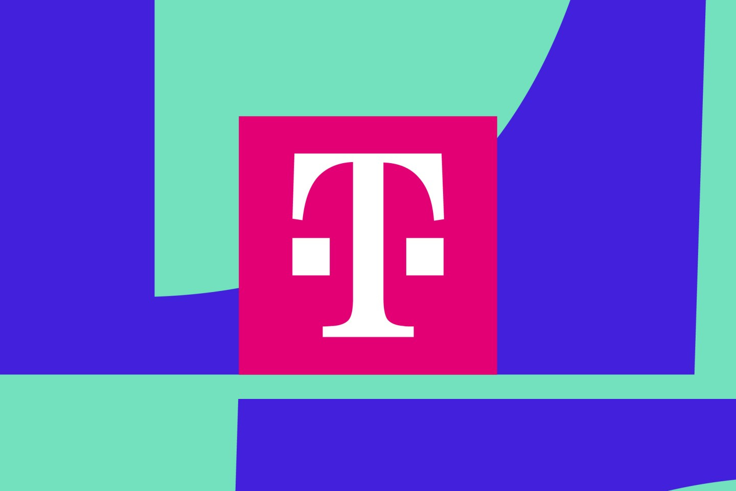 Illustration of the T-Mobile logo, the letter T in a pink box with two squares on either side of it, in front of a blue and aqua background. Illustration of the T-Mobile logo, the letter T in a pink box with two squares on either side of it, in front of a blue and aqua background.