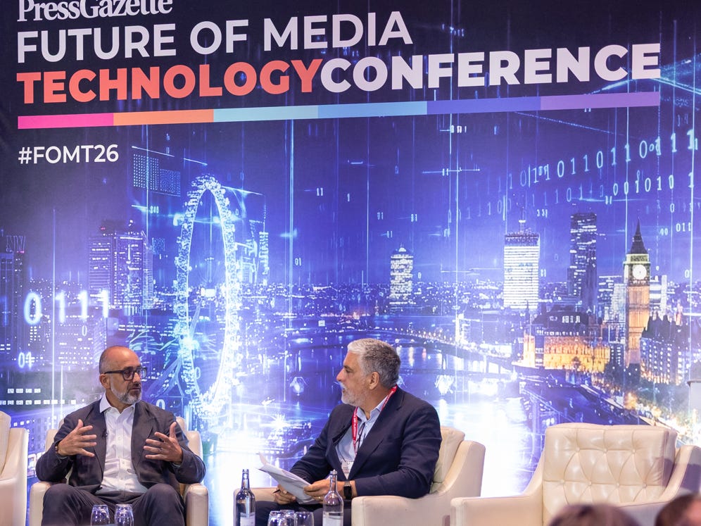 Jon Slade in conversation with Press Gazette editor in chief Dominic Ponsford at the 2026 Future of Media Technology Conference. Picture: Press Gazette/ASV Photography