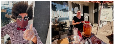 Two photos side by side. The photo on the left is of Arthur who is sitting down and giving a thumbs up. Arthur has hair in an afro style and is wearing round framed sunglasses. Arthur wears a burgundy face mask and a checkered shirt with a red bow-tie. The photo on the right is of Brooke who is smiling and serving lemonade at their lemonade stand. Brooke wears a black tshirt and a necklace.