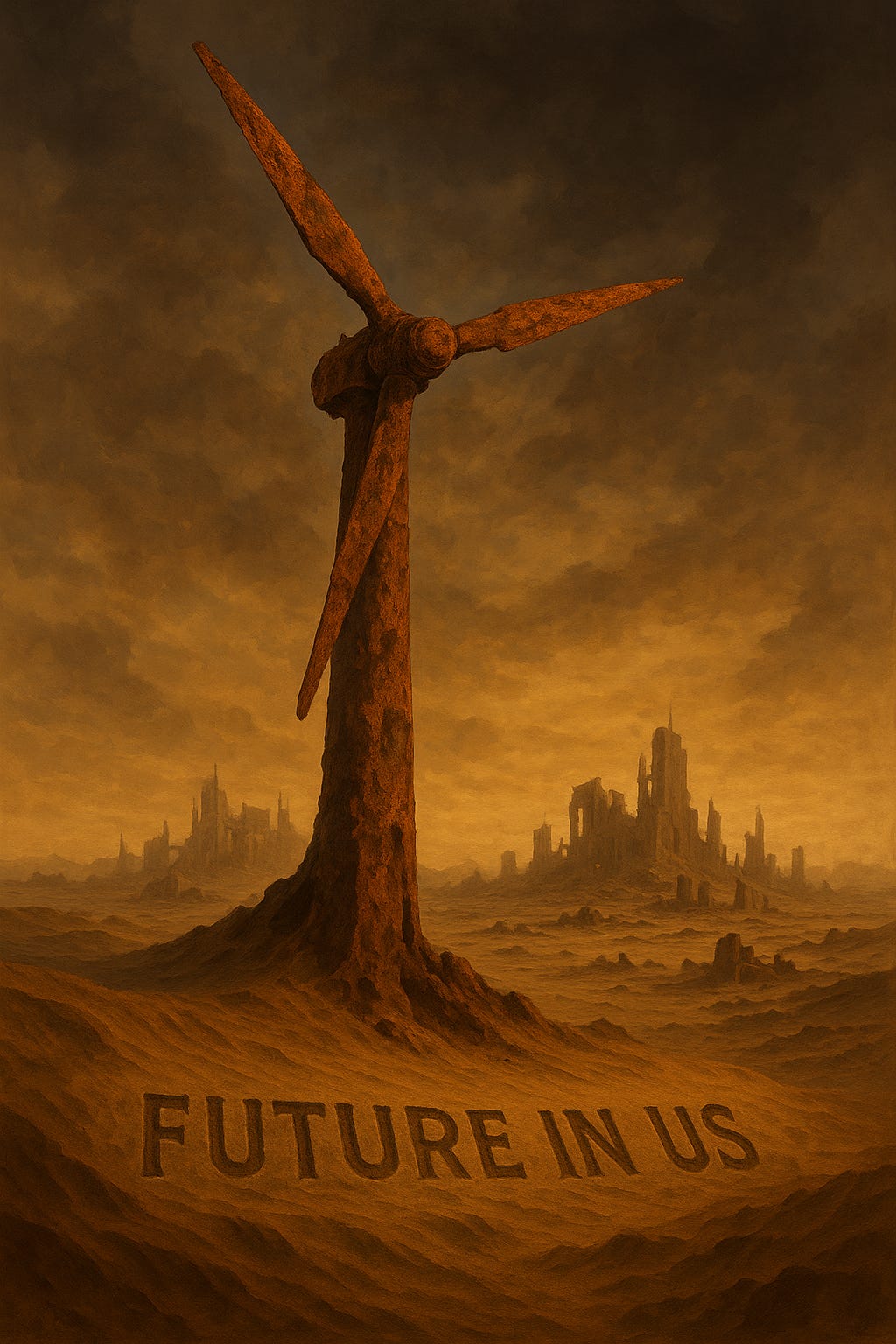 Digital painting in a post-apocalyptic style showing a rusted wind turbine, partially buried in a desert-like wasteland. In the background, ruins of a collapsed city rise beneath a dark, dusty sky. Carved into the sand in front of the turbine is the phrase: “FUTURE IN US”