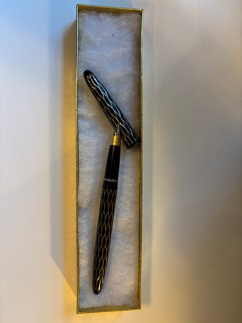 The photo on the left shows a mug with an inspirational quote on it. The other two photos are of a fountain pen.