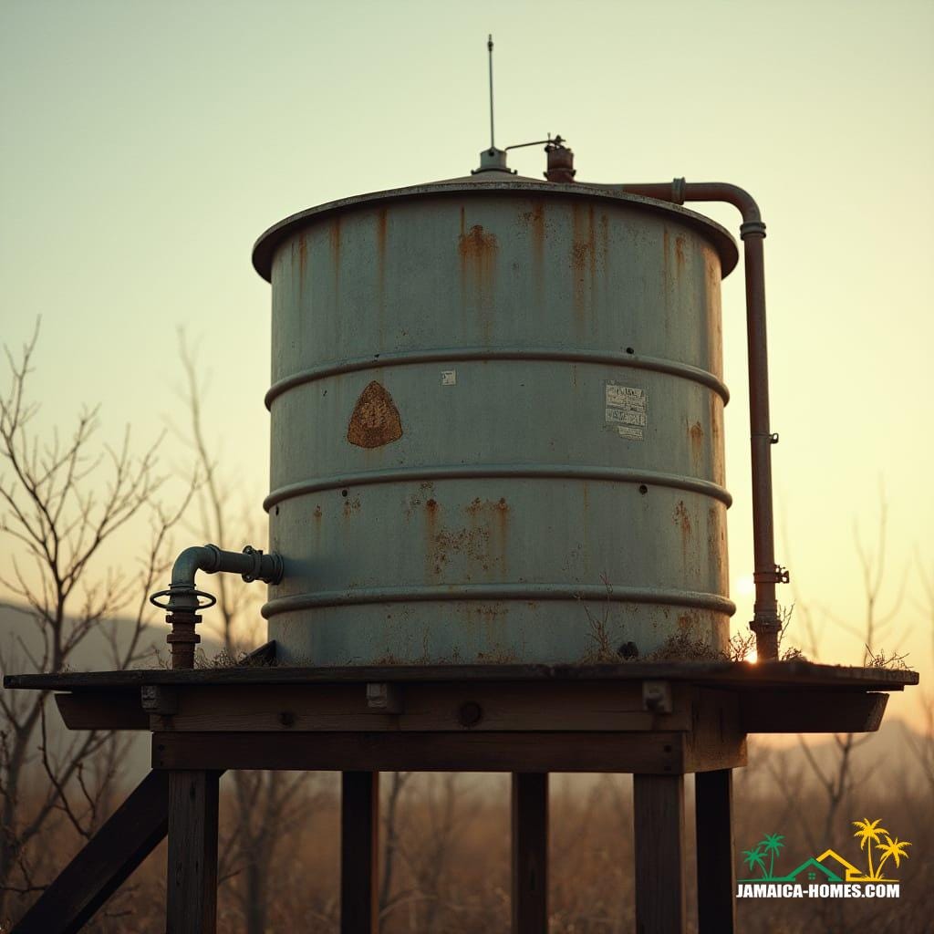 Detailed shot of an elevated water storage tank on a worn, wooden platform, showcasing the tank's weathered, galvanized steel design with rusty accents, and the network of pipes and valves that supply water to the home, set against a warm, golden hour sky with subtle, atmospheric haze, captured in a cinematic film still style, reminiscent of the works of cinematographer Emmanuel Lubezki, with a mix of the gritty realism of filmmakers like Denis Villeneuve and the nostalgic, film grain aesthetic of 35mm film, incorporating a subtle vignette and nuanced color grading, evoking a sense of drama and epic scope