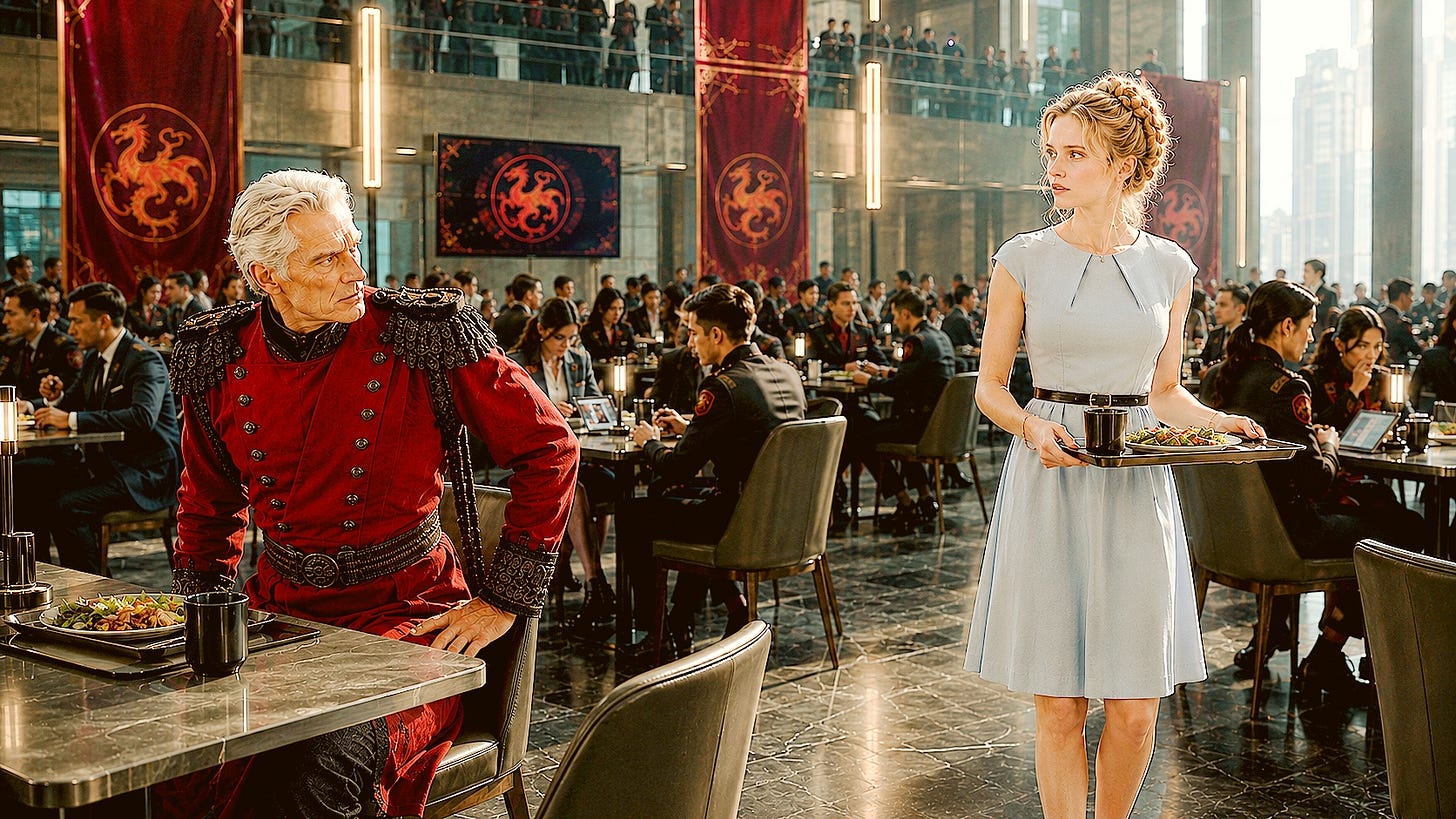 A modern corporate cafeteria inside the Crimson Scale Council complex. Kaelric, an older dragon noble with silver hair, sits alone in his ornate crimson High Warden uniform and turns toward Seralia, a young blonde human in a simple knee-length pale blue dress carrying a lunch tray. Around them, dragons in business attire dine beneath towering crimson banners emblazoned with the Crimson Scale emblem, while balconies above overlook the crowded hall. The moment captures the instant Kaelric notices Seralia being quietly excluded by the other diners.