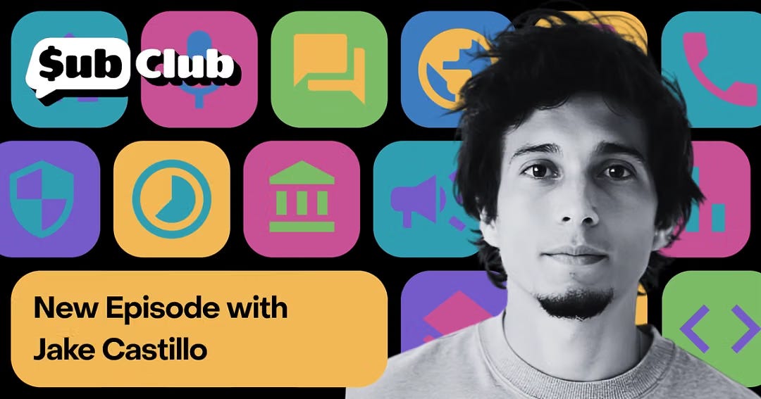 Sub Club podcast graphic reading 'New Episode with Jake Castillo' over colorful app icons beside a man's portrait Sub Club podcast graphic reading 'New Episode with Jake Castillo' over colorful app icons beside a man's portrait