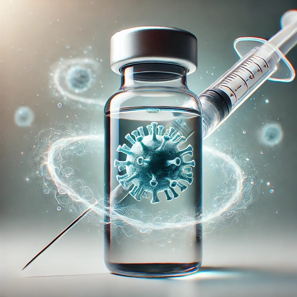 A medical vaccine vial filled with a swirling live virus, visually representing a live vaccine. The vial is attached to a syringe, with the liquid appearing dynamic, almost glowing, as if containing active biological elements. The background is clean and modern, with a soft gradient similar to medical illustrations.