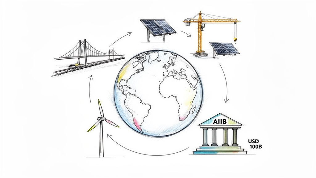 Diagram showing the Asian Infrastructure Investment Bank (AIIB) with USD 100B funding global infrastructure projects. Diagram showing the Asian Infrastructure Investment Bank (AIIB) with USD 100B funding global infrastructure projects.