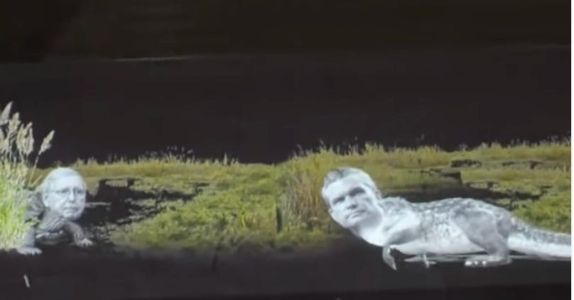 Guerrilla artists declare war on Trump with 'crocodile Hegseth,' vampire  Miller and '86 47' projected across DC | The Independent