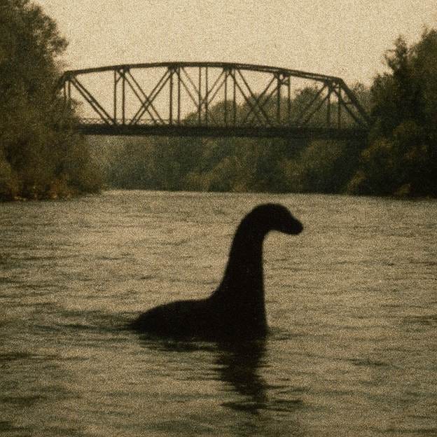 grainy looking, old color photo, similar to the famous pictures of the loch ness monster or big foot.  the creature in this is in the water in a california river with trees on the bank.  it should be a silhouette.  there should be an old steel bridge in the background.  