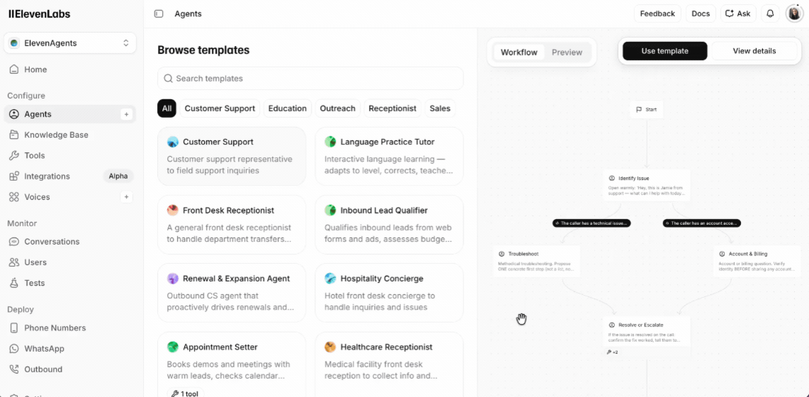ElevenAgents template gallery showing 60+ pre-built voice agent templates organized by use case, including customer support, receptionists, sales, and scheduling. ElevenAgents template gallery showing 60+ pre-built voice agent templates organized by use case, including customer support, receptionists, sales, and scheduling.
