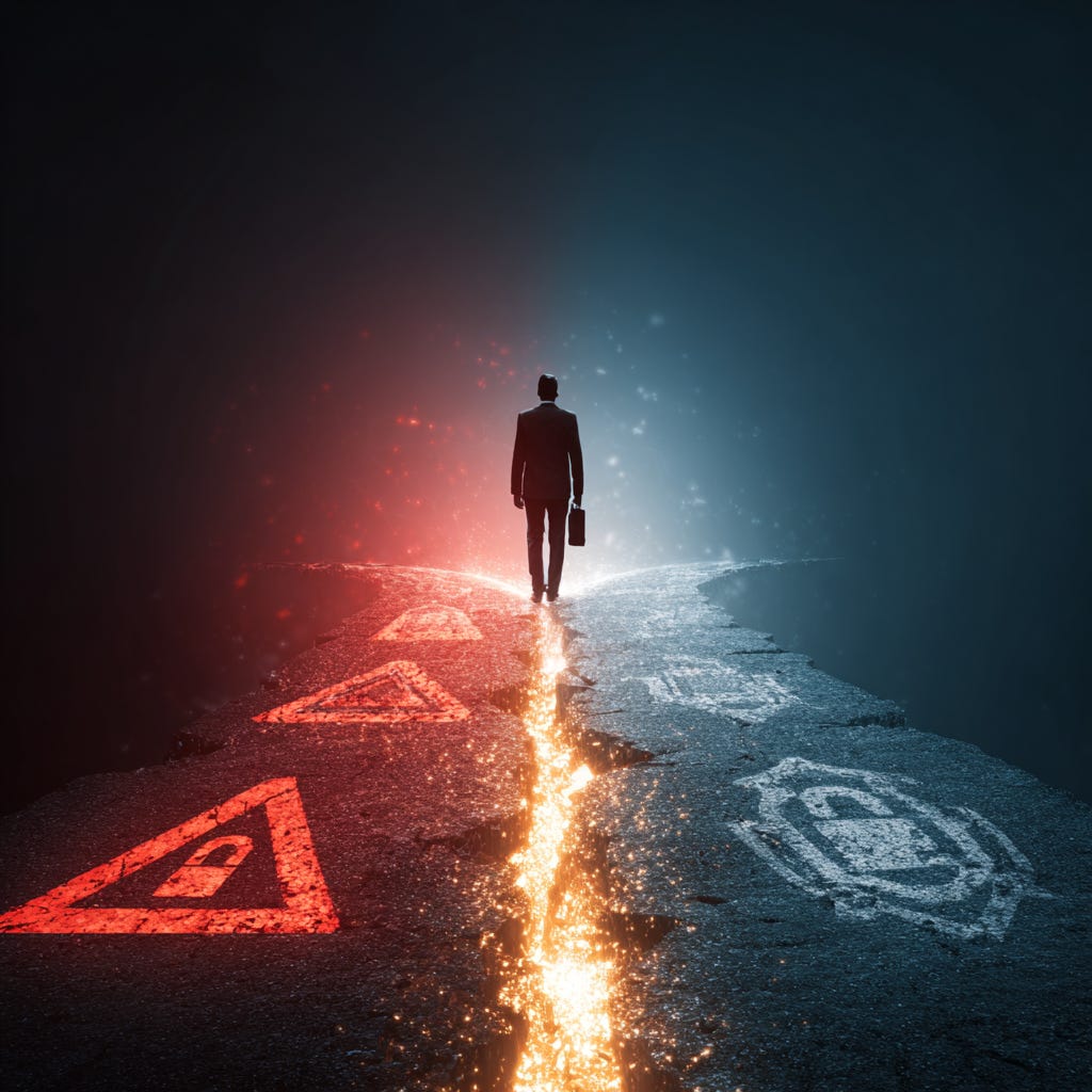 A person walking on a road with red light

Description automatically generated