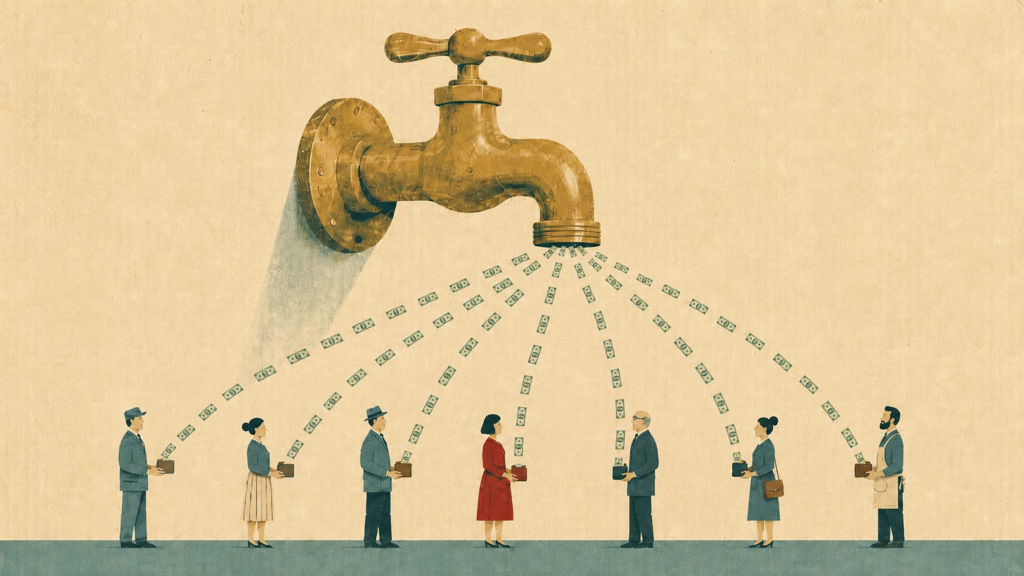 Editorial illustration of a large brass faucet mounted on a cream-colored wall, spraying streams of dollar bills downward. Seven people stand below, each holding an open wallet, purse, or small bag as the money flows evenly toward them.