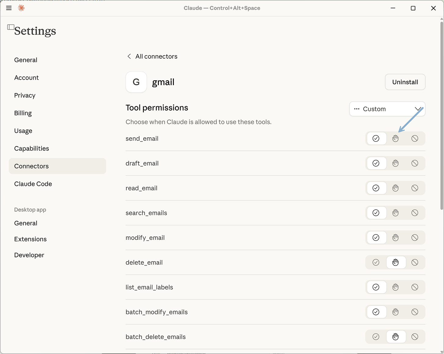 Claude Desktop: How to set connector permissions