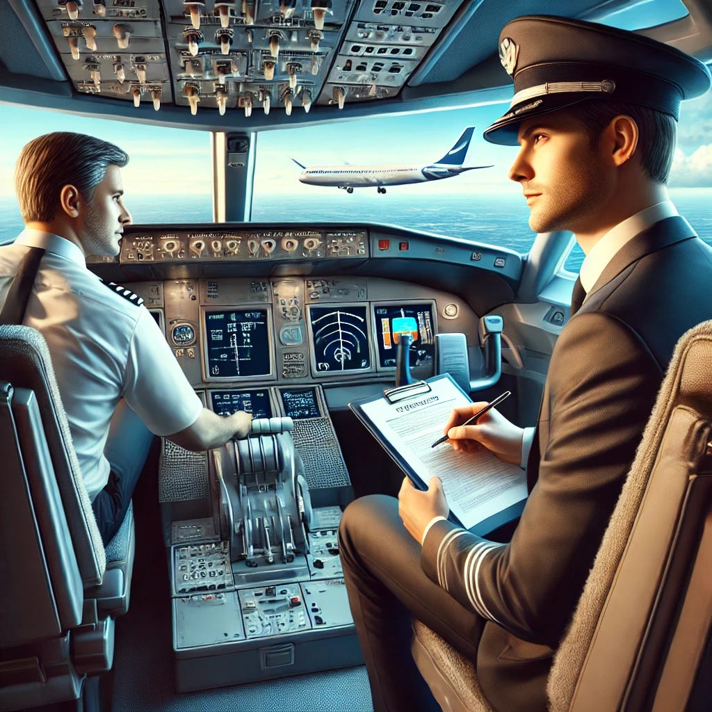 A realistic illustration of a commercial airline pilot seated in the cockpit, flying the aircraft, while a supervisor or assessor sits behind them with a clipboard, observing. The cockpit is detailed with modern instrumentation and views of the sky through the windshield. The setting suggests a routine route check or flight assessment. The tone is professional and focused, symbolising structured competency checks similar to healthcare assessments.