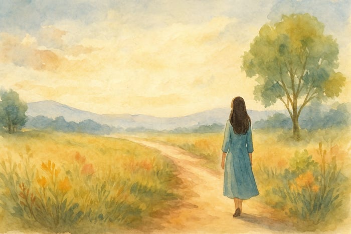 Watercolor painting of a woman walking alone on a quiet path through a sunlit meadow, symbolizing a peaceful year-end reflection for sensitive people.