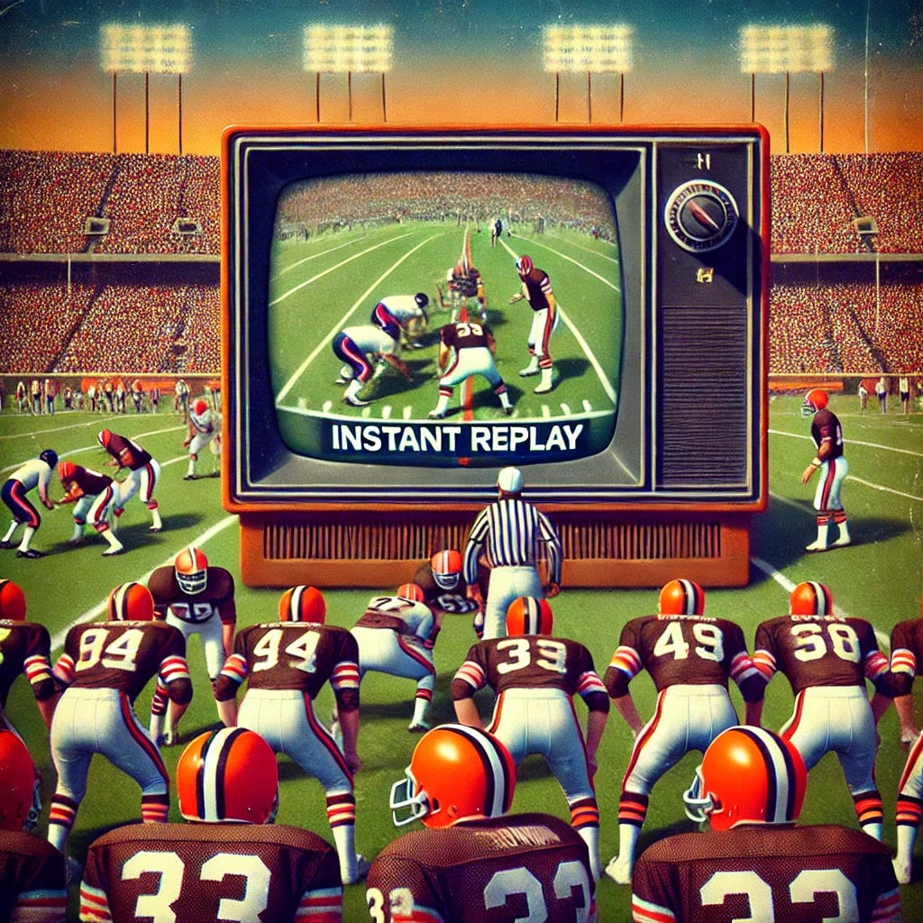 A 1986 football scene featuring players from the Cleveland Browns and Chicago Bears. The image captures a significant moment where an instant replay on an old CRT television is being reviewed, showing a controversial play. The scene has 1980s-style uniforms, vintage football helmets, and a crowded stadium in the background. The TV screen prominently displays the replay, emphasizing the tension and importance of the decision. The color palette reflects the nostalgic look of 1980s sports broadcasts.