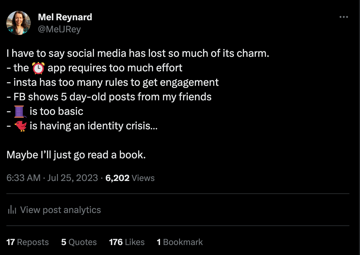 I have to say social media has lost so much of its charm. - the ⏰ app requires too much effort - insta has too many rules to get engagement - FB shows 5 day-old posts from my friends - 🧵 is too basic - 🐦 is having an identity crisis…