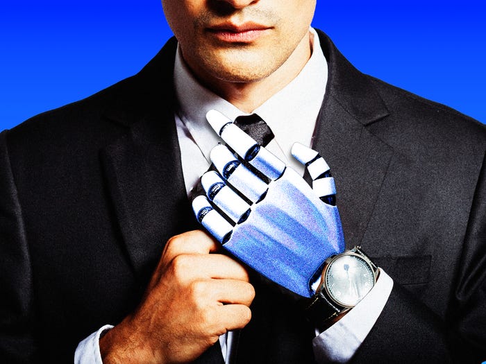 A lawyer fixing his tie with a robot hand