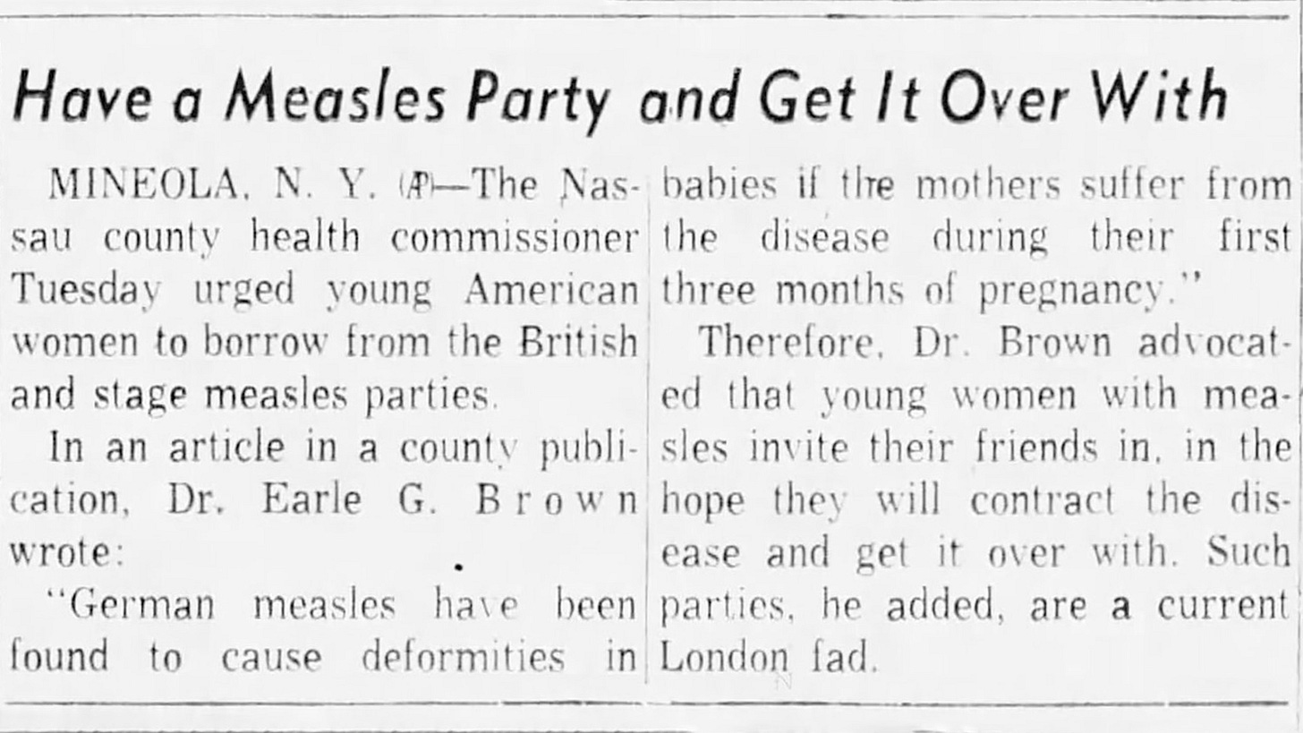 1957 Associated Press article in the Wisconsin State Journal reports a county health commissioner recommending measles parties to “get it over with,” framing the illness as mild and manageable.