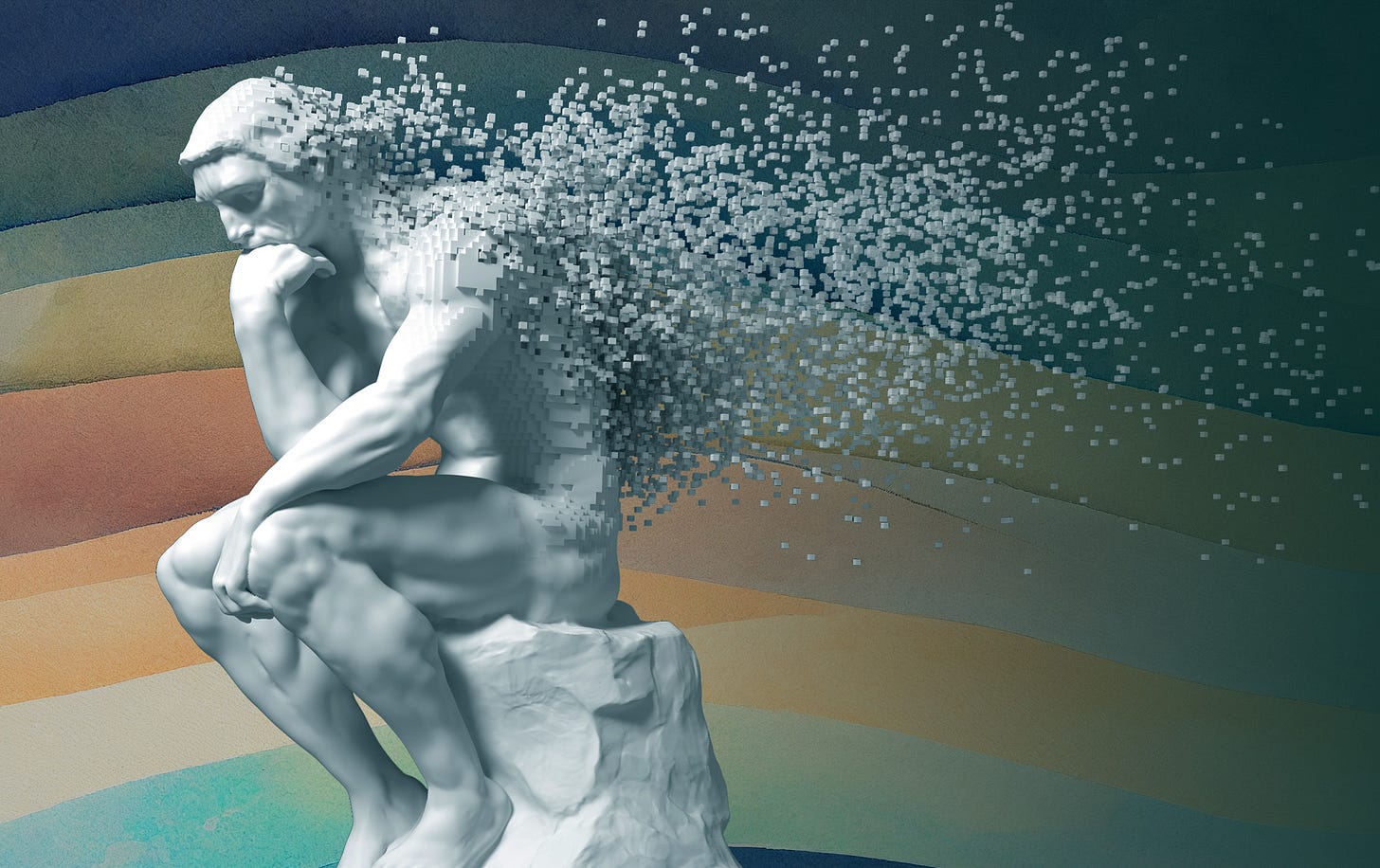 A sculpture carved in white stone of a seated nude man. He looks pensive, his back bowed and his head supported on his hand. The sculpture is dissolving to the right in a spray of pixelated white blocks. 