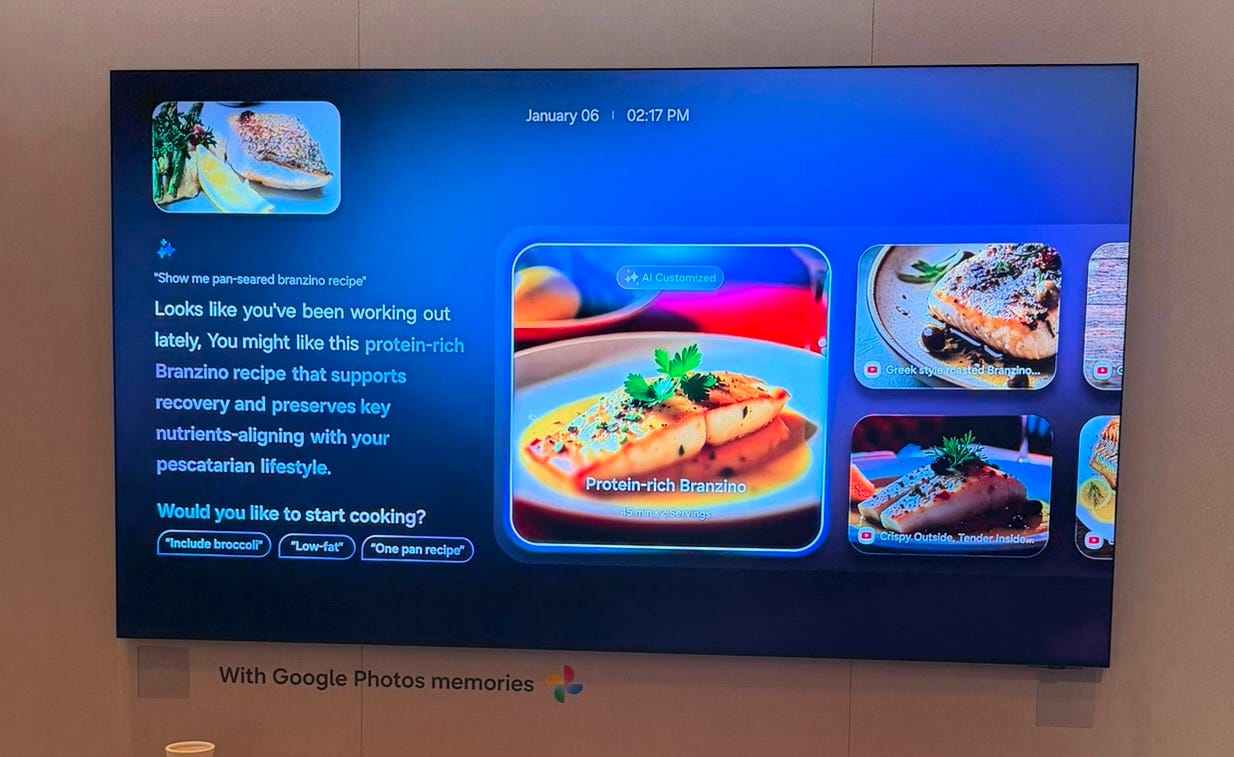 A Samsung TV screen shows an AI-generated recipe suggestion for protein-rich branzino, personalized based on user behavior, with multiple dish images and contextual text on the left. A Samsung TV screen shows an AI-generated recipe suggestion for protein-rich branzino, personalized based on user behavior, with multiple dish images and contextual text on the left.