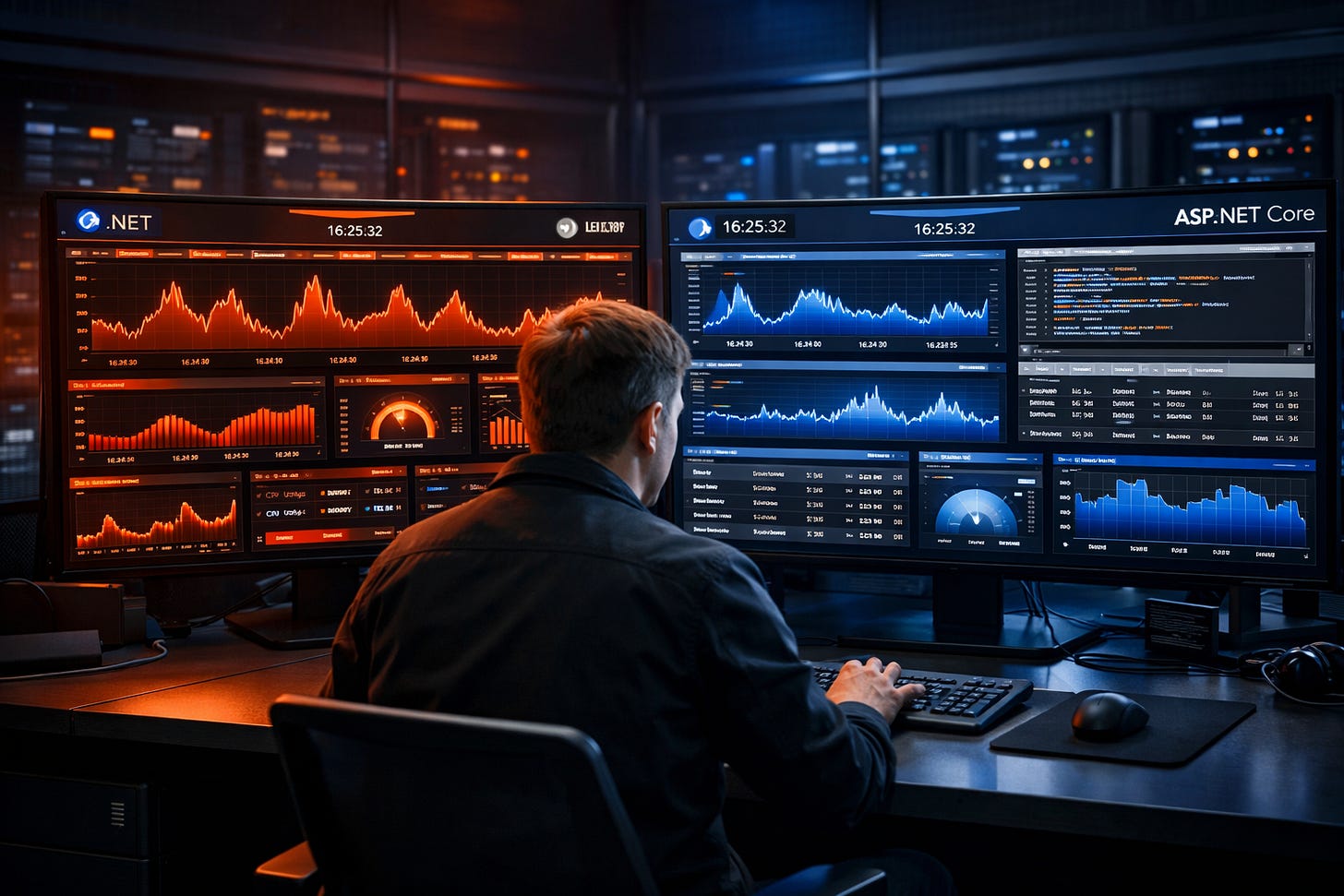 Developer monitoring InfluxDB and TimescaleDB time series data systems in ASP.NET Core control room. Developer monitoring InfluxDB and TimescaleDB time series data systems in ASP.NET Core control room.