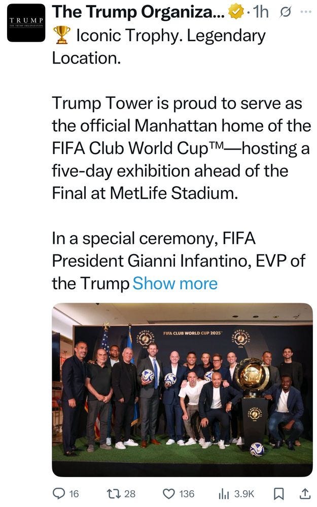 The Trump Organization @Trump 🏆 Iconic Trophy. Legendary Location.  Trump Tower is proud to serve as the official Manhattan home of the FIFA Club World Cup™—hosting a five-day exhibition ahead of the Final at MetLife Stadium.  In a special ceremony, FIFA President Gianni Infantino, EVP of the Trump Organization @EricTrump , and Brazilian legend Ronaldo unveiled the Trophy at our flagship building Trump Tower in New York City.  The event also marked the opening of FIFA’s new NYC office, right inside Trump Tower, solidifying its place at the intersection of sport, culture, and global leadership.  Visit the link to learn more: https://bit.ly/3Ik1IuR Image Last edited 6:56 PM · Jul 8, 2025 · 12.8K  Views