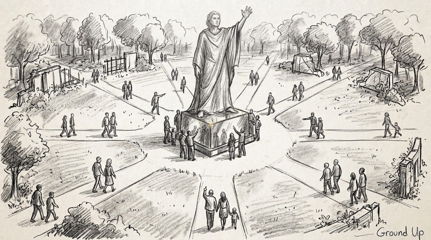 An image illustrating a garden with paths leading to a monument to the free individual was created with Gemini