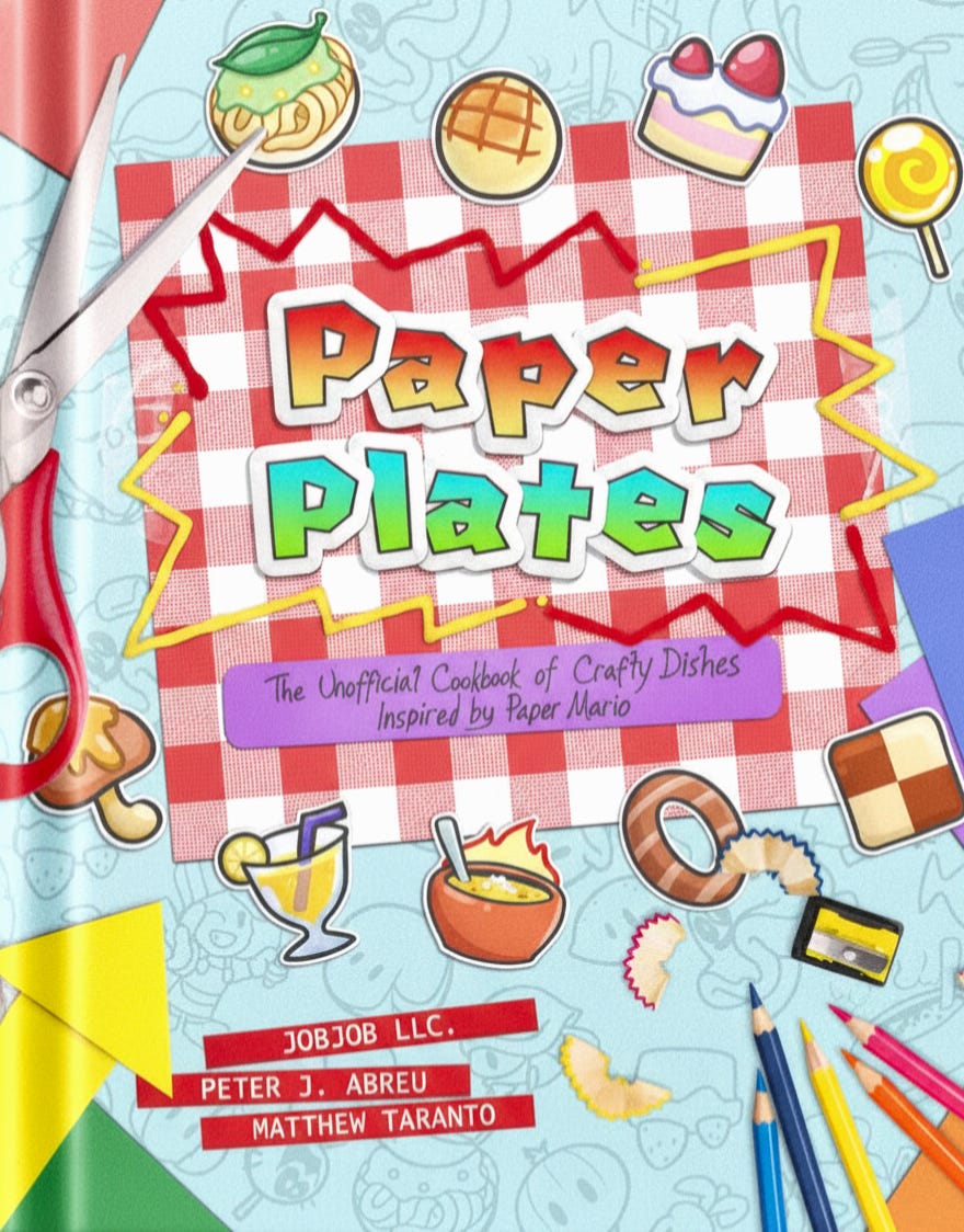 Playful cover of Paper Plates: The Unofficial Cookbook of Crafty Dishes Inspired by Paper Mario, designed with a red gingham tablecloth background and colorful, paper-cutout illustrations of food like soup, cake, and lollipops. Scattered around are pencils, scissors, and crafting supplies, evoking the arts-and-crafts aesthetic of the Paper Mario series. The title features bold, gradient lettering, and the names of the authors—Peter J. Abreu and Matthew Taranto—are listed at the bottom.