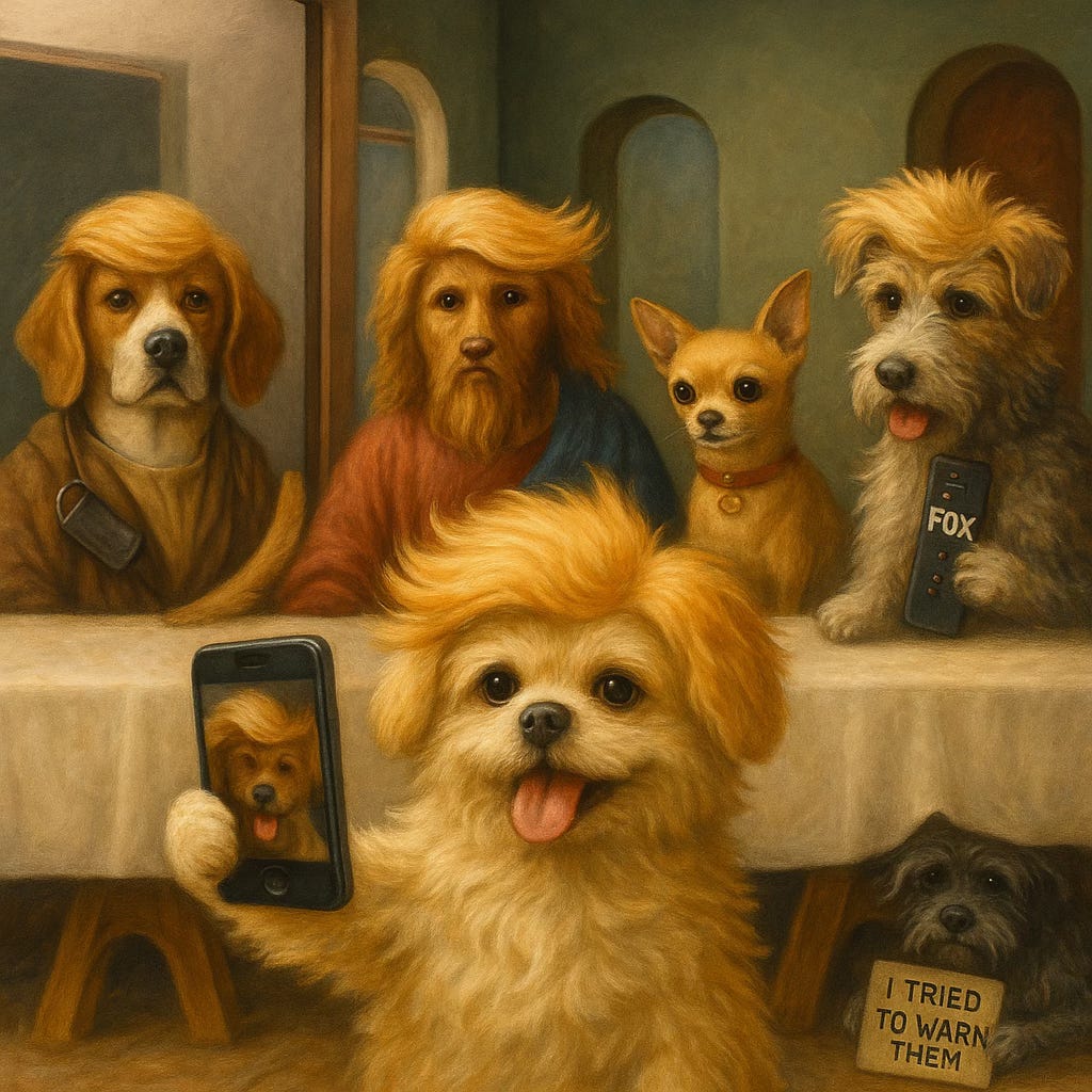 Cartoon parody of the Last Supper with lapdogs at the table.