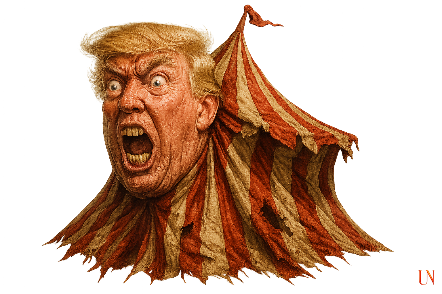 “Hyperreal grotesque portrait of a circus tent fused with the screaming face of a demagogue. Torn red-and-white fabric becomes flesh, capturing the spectacle of collapse and the rage that fuels it.”