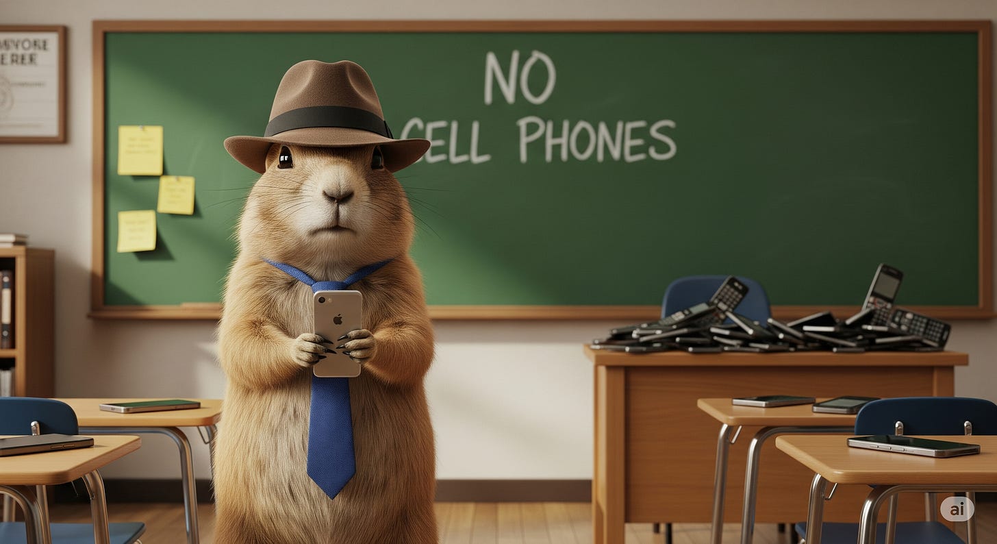A realistic prairie dog standing in a high school classroom, dressed like a journalist. The prairie dog is wearing a brown fedora hat, a blue tie, and holding an iPhone. The background features a green chalkboard and a teacher's desk. On the desk is a pile of mobile phones. On the chalkboard is written "No Cell Phones." The prairie dog is looking directly at the camera with a focused expression, creating a whimsical but professional scene. Highly detailed, warm color tones, shallow depth of field. The image is in a 16:9 aspect ratio. A realistic prairie dog standing in a high school classroom, dressed like a journalist. The prairie dog is wearing a brown fedora hat, a blue tie, and holding an iPhone. The background features a green chalkboard and a teacher's desk. On the desk is a pile of mobile phones. On the chalkboard is written "No Cell Phones." The prairie dog is looking directly at the camera with a focused expression, creating a whimsical but professional scene. Highly detailed, warm color tones, shallow depth of field. The image is in a 16:9 aspect ratio.
