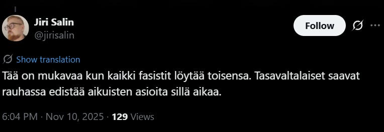 Kirjailijana ja “someguruna” tunnettu Jiri Salin kommentoi Tuukka Kurun kommenttikenttään vastaavasti: “Mukavaa, kun kaikki fasistit löytävät toisensa”, viitaten Vasemmistonuoriin ja Sinimustiin.