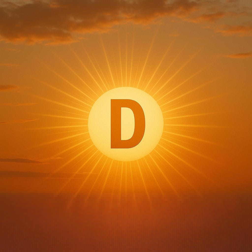realistic image of a rising sun with bright rays coming out of it and a big "D" in the center