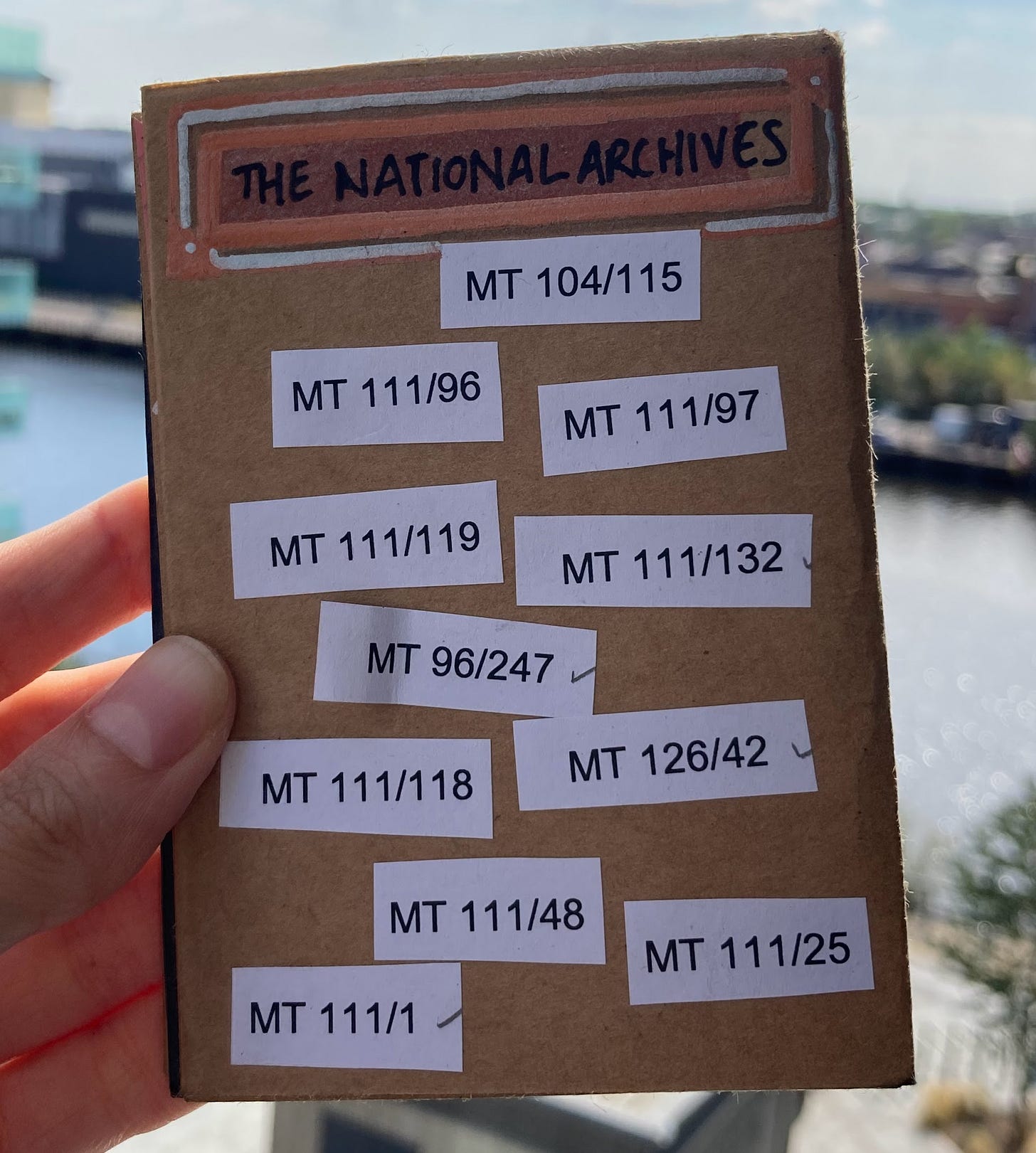 Backpage of zine. The national archives, collage of reference numbers starting with MT 