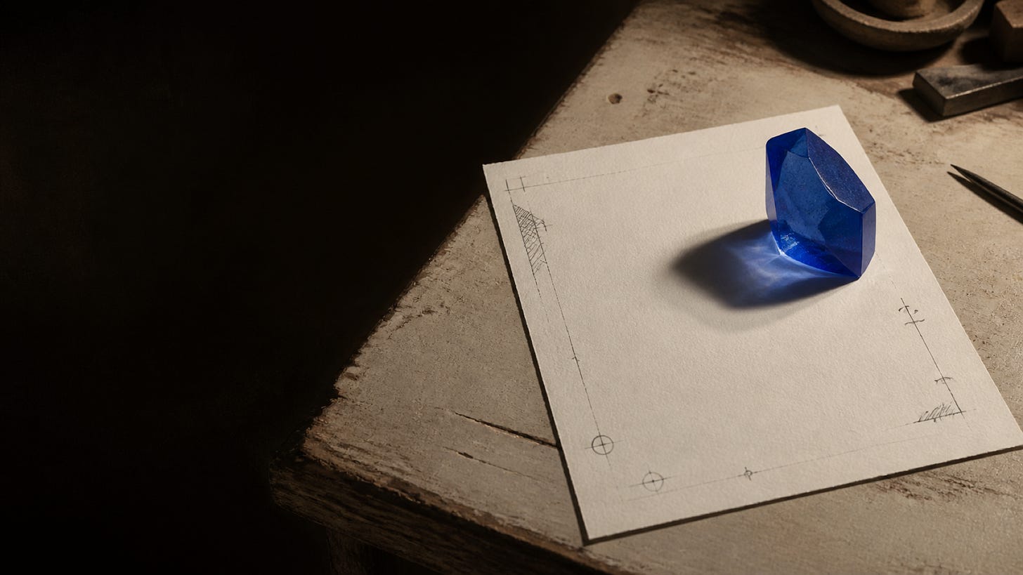 A faceted blue gemstone on papers and geometric sketches atop a worn wooden table.