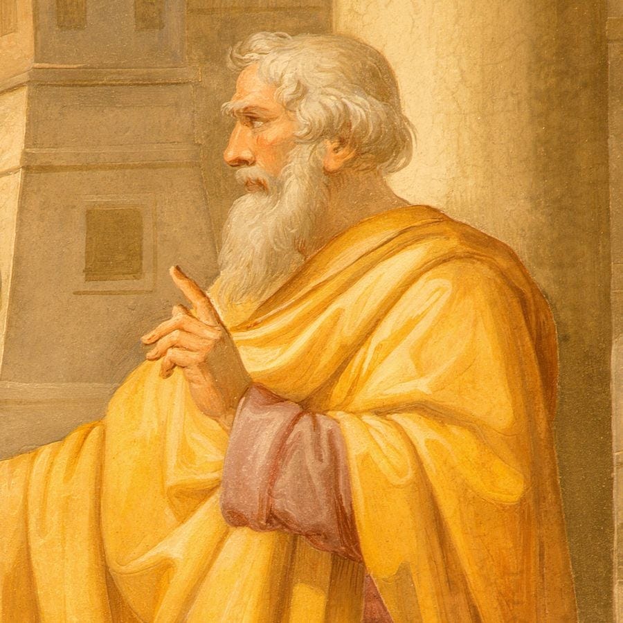 Elderly man with white beard in yellow robe gestures with raised finger; set against a classical architecture background; thoughtful mood.